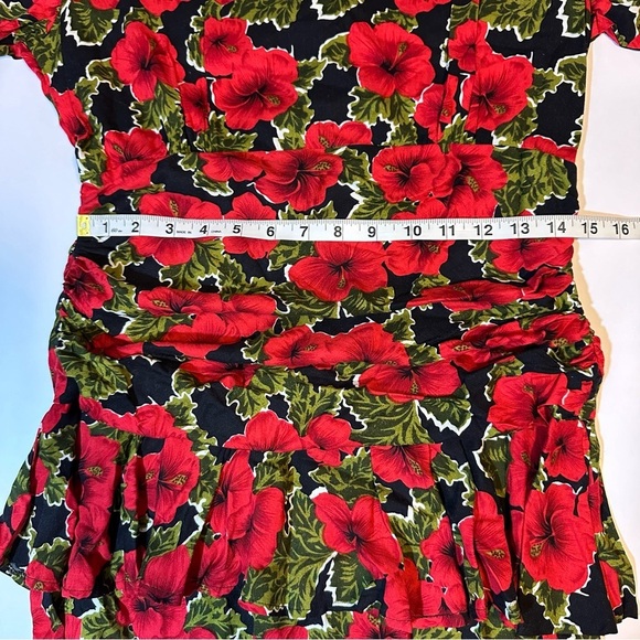 Vtg 80s Caroline Wells Peplum Rayon Dress Red Floral - Picture 5 of 9
